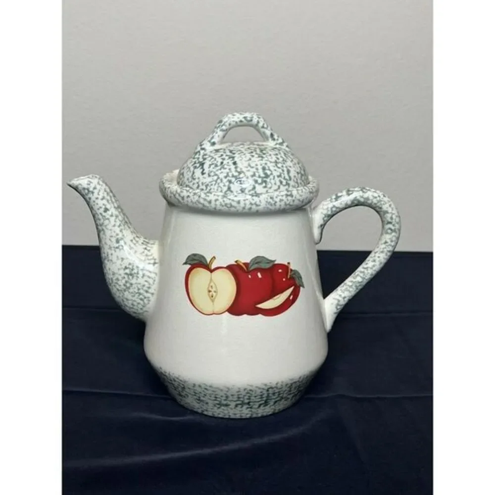 T.H.T. 1995 Sponge Green Apple Design Large Handle Lid Stoneware Coffee Tea Pot
